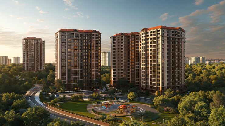 Artistic view of upcoming Mehta Angelo residential tower in Goregaon East with green surroundings